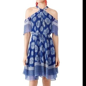 Shoshanna Blue Noriega Cold Shoulder Printed Dress